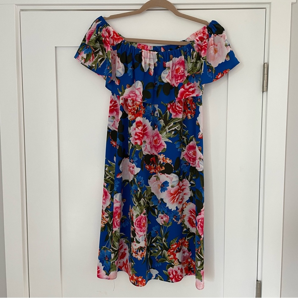 Rose & Olive off the shoulder blue floral dress